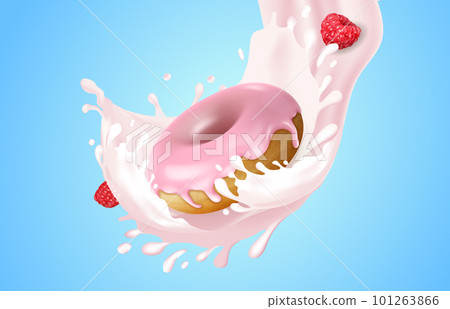 Realistic Detailed 3d Pink Raspberry Donut with Milky Splash Effect and Fresh Berries Concept Background. Vector illustration of Doughnut Realistic Detailed 3d Pink Raspberry Donut with Milky Splash Effect and Fresh Berries Concept Background. Vector illustration of Doughnut 101263866