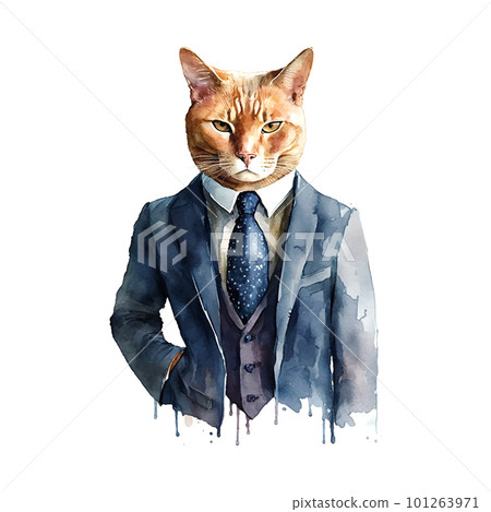 Illustration of Cat in Business Suit Isolated on white Background Watercolor 101263971