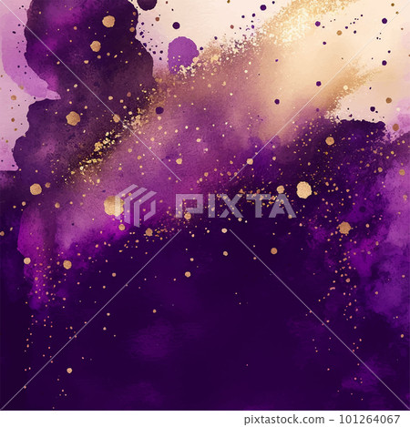 Mauve liquid watercolor background with golden glitter lines. Pastel violet marble alcohol ink drawing effect. Vector illustration of abstract stylish fluid art amethyst backdrop. 101264067