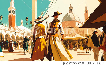 Illustration of the beautiful city of Venice. City of gondoliers, bridges, carnivals and love. Italy 101264310