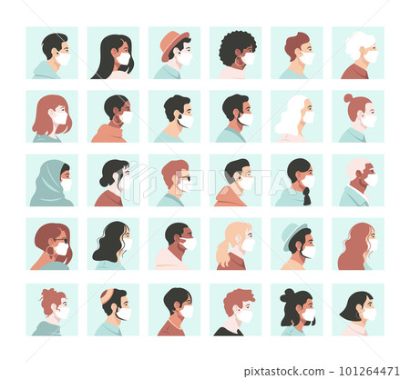 Covid 19 avatars set different people in protective coronavirus mask flat vector illustration 101264471