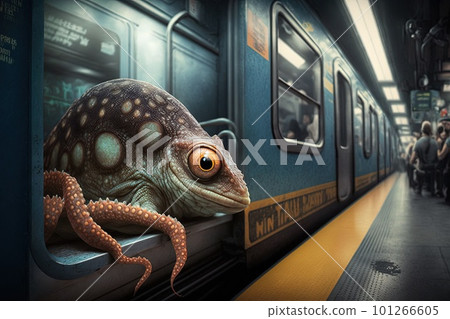 lizard octopus animal on new york city subway underground metro train illustration generative ai lizard octopus animal on new york city subway underground metro train illustration generative ai 101266605