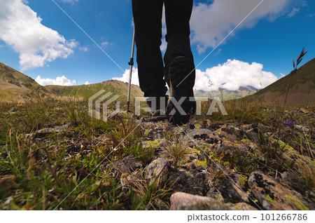 Hiking trail with flowers, green grass and stones. Close up of hiking boots in the mountains against the backdrop of mountains and fluffy clouds 101266786