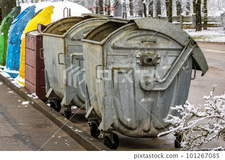 View of garbage containers in city on winter day View of garbage containers in city on winter day 101267085