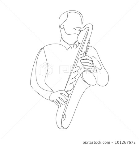 Continuous line drawing of a man playing saxophone jazz music instrument. Minimalist style vector illustration. 101267672
