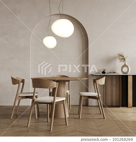 Interior design of modern dining room or living room, wooden table and chairs. Wooden sideboard over beige wall. Home interior with arch wall. 3d rendering 101268269
