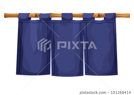 Traditional japan curtain on bamboo stick in cartoon style isolated on white background. Customer entrance cloth decoration Traditional japan curtain on bamboo stick in cartoon style isolated on white background. Customer entrance cloth decoration 101268414