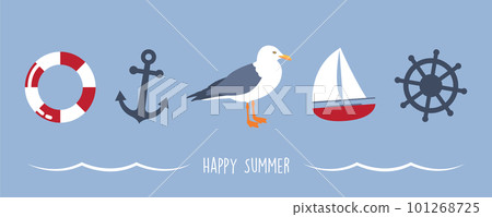 happy summer holiday banner design with gull sailing boat shell and anchor 101268725