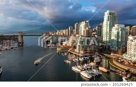 Aerial View of Granville Island in False Creek with modern city 101269425
