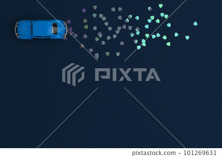 Saint-Petersburg, Russia - May 18, 2020: Top view of toy car on a classic blue background leaves traces of blue hearts. Textured blue paper background. Copy space. Father's day. 101269631
