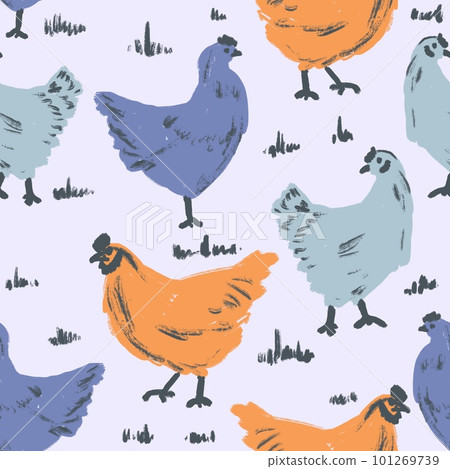 Hand drawn cute seamless pattern orange blue hen chicken on pastel background Funny design for kids children nursery, domestic animal bird poultry hen, Easter eggs concept spring print. Kitchen decor 101269739