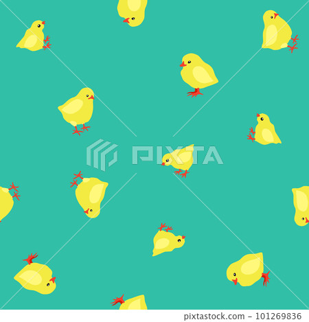 Vector seamless pattern with yellow chicks on bright blue-green grass. Happy Easter. 101269836