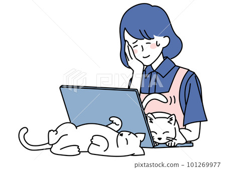 A woman whose work is disturbed by a cat A woman whose work is disturbed by a cat 101269977