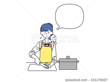 一個背著嬰兒做飯的女高中生和一個對話泡泡 一個背著嬰兒做飯的女高中生和一個對話泡泡 101270007