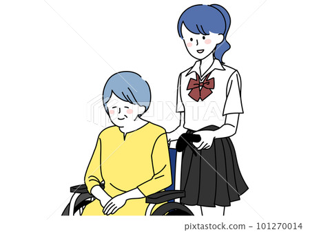 High school girl pushing grandmother's wheelchair 101270014