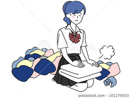 A high school girl who is fed up with a lot of laundry A high school girl who is fed up with a lot of laundry 101270033