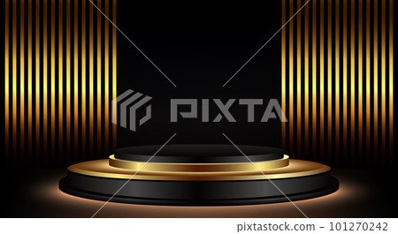 Modern black and gold cylindrical podium with vertical gold stripes on the background. Studio room with a minimal stage Modern black and gold cylindrical podium with vertical gold stripes on the background. Studio room with a minimal stage 101270242