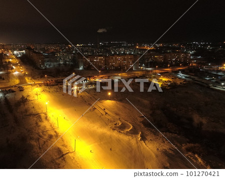 Mariupol New Year 2022. Before the war. Night city in winter. Beautiful decorations of the city. Peaceful city at night in the snow. Bright lights. 101270421
