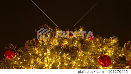 Mariupol New Year 2022. Before the war. Christmas tree near Drama theater that now is ruined. Beautiful decorations. Peaceful city in the snow. 101270425