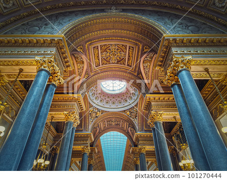 Ceiling architectural details with the glass dome and golden ornaments inside the Versailles palace hall, Gallery of Great Battles, the largest room in the castle of the sun king Louis XIV Ceiling architectural details with the glass dome and golden ornaments inside the Versailles palace hall, Gallery of Great Battles, the largest room in the castle of the sun king Louis XIV 101270444