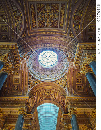 Versailles castle architecture details inside the Gallery of Great Battles hall, the largest room of the sun king Louis XIV palace. Golden ornaments and decor, marble columns and glass ceiling 101270446
