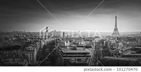 Black and white Paris panorama. Romantic aerial view over rooftops to the Eiffel Tower, France. Holiday destination, sightseeing parisian cityscape scene, historic landmarks on the horizon Black and white Paris panorama. Romantic aerial view over rooftops to the Eiffel Tower, France. Holiday destination, sightseeing parisian cityscape scene, historic landmarks on the horizon 101270470