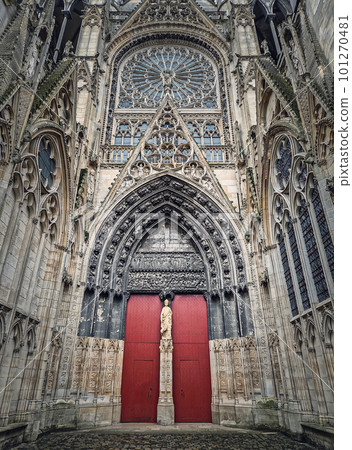 Notre Dame de Rouen Cathedral side entrance door. Architectural landmark facade details featuring styles from Early Gothic to late Flamboyant and Renaissance architecture, Normandy, France Notre Dame de Rouen Cathedral side entrance door. Architectural landmark facade details featuring styles from Early Gothic to late Flamboyant and Renaissance architecture, Normandy, France 101270481