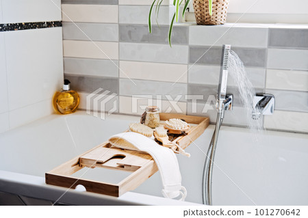 Body cleanse, how to detox body and skin. Spa wellness beauty treatments at home. Spa wooden tools and detox brushes Massagers at bathroom 101270642