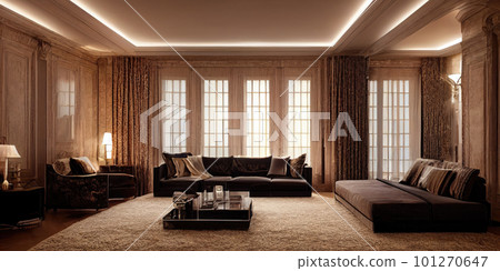 Large luxury modern elegant interiors Living room mockup. Modern style of furniture decoration. Generative AI illustration. 101270647