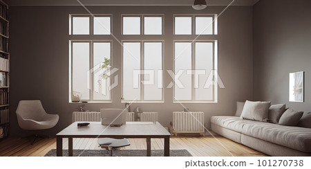 mock up poster frame in boho interior background, wooden living room design, Scandinavian style. Generative AI illustration 101270738