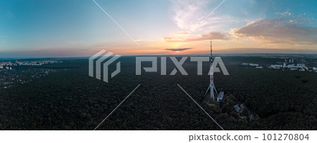 Aerial sunrise epic view forest with telecom tower 101270804