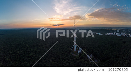 Aerial sunrise epic view forest with telecom tower Aerial sunrise epic view forest with telecom tower 101270805