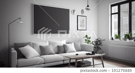 mock up poster frame in boho interior background, wooden living room design, Scandinavian style. Generative AI illustration 101270880