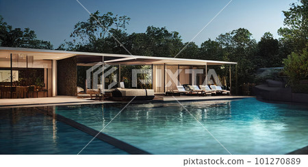 Beautiful tropical beach front hotel resort with swimming pool, paradise destination for vacations. Generative AI illustration. 101270889