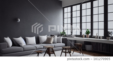 mock up poster frame in boho interior background, wooden living room design, Scandinavian style. Generative AI illustration 101270905