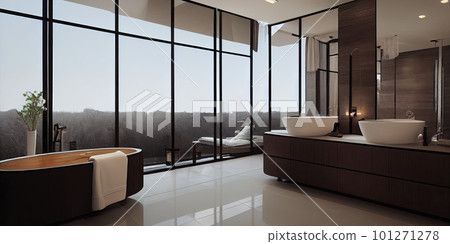 Luxury bathroom with marble. Modern interior hotel or home design with clean and elegance space. Natural lighting window. Generative AI illustration 101271278