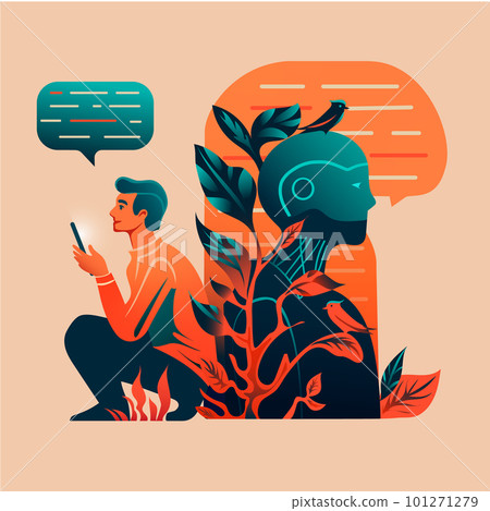 Man communicating with robot. man communicating with artificial intelligence vector illustration 101271279
