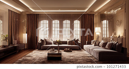 Large luxury modern elegant interiors Living room mockup. Modern style of furniture decoration. Generative AI illustration. Large luxury modern elegant interiors Living room mockup. Modern style of furniture decoration. Generative AI illustration. 101271433