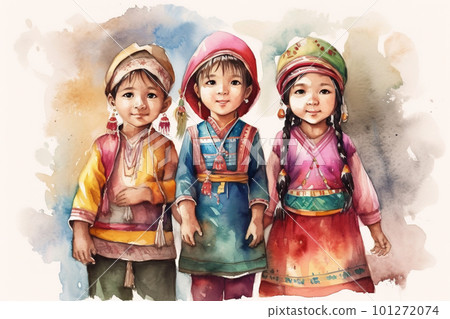 Group of children in ethnic traditional costumes. AI generative image Group of children in ethnic traditional costumes. AI generative image 101272074