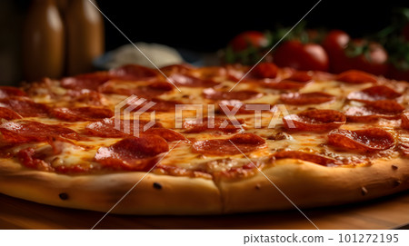 Pepperoni Pizza on Wooden Tray: A Classic and Fragrant Delight. Generative AI 101272195