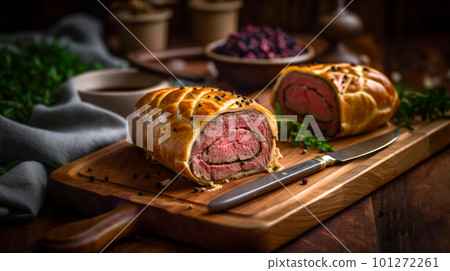 Indulge in the classic British dish with this Beef Wellington on a wooden tray, its savory aroma and appetizing appearance sure to impress. Generative AI Indulge in the classic British dish with this Beef Wellington on a wooden tray, its savory aroma and appetizing appearance sure to impress. Generative AI 101272261