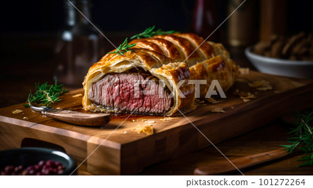 Indulge in the classic British dish with this Beef Wellington on a wooden tray, its savory aroma and appetizing appearance sure to impress. Generative AI Indulge in the classic British dish with this Beef Wellington on a wooden tray, its savory aroma and appetizing appearance sure to impress. Generative AI 101272264
