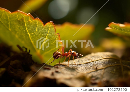 Macro Shot of Ant Carrying Leaf in Forest Habitat on Summer Day. Generative AI 101272290