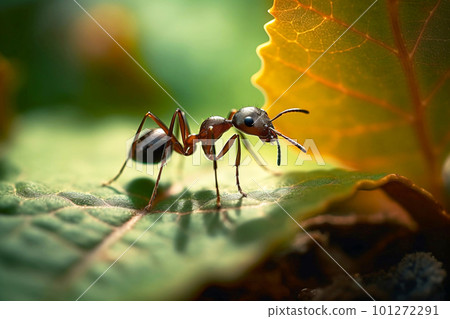 Macro Shot of Ant Carrying Leaf in Forest Habitat on Summer Day. Generative AI 101272291