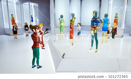 Metaverse avatars of people shopping in digital clothing shop, 3d render 101272365