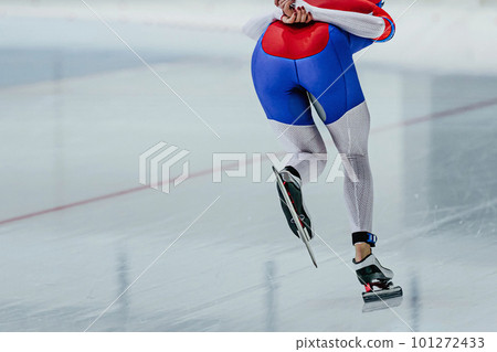 back female skaters running rink in speed skating competition, winter sports games 101272433