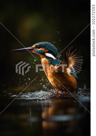 the beauty of nature as a kingfisher catches a fish in cinematic lighting, Generative AI 101272503