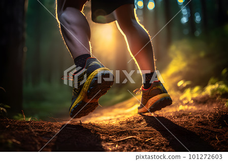 Morning Trail Run: Close-up of male Runner's Legs and Shoes with Abstract Bokeh Lightcreated. Generative AI 101272603