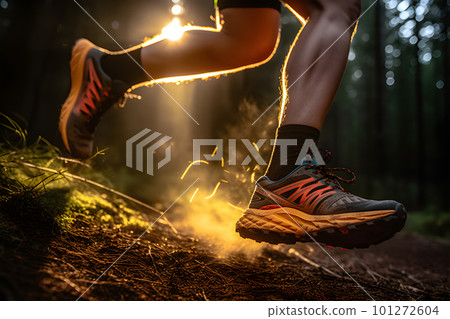 Morning Trail Run: Close-up of male Runner's Legs and Shoes with Abstract Bokeh Lightcreated. Generative AI 101272604