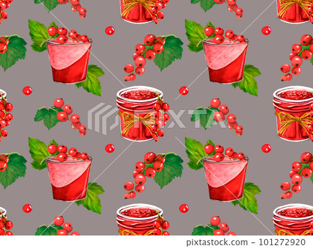 Seamless pattern with red berries and jar with jelly. Watercolor currant isolated on grey background. Hand drawn botanical illustration. Clip art berry yogurt 101272920